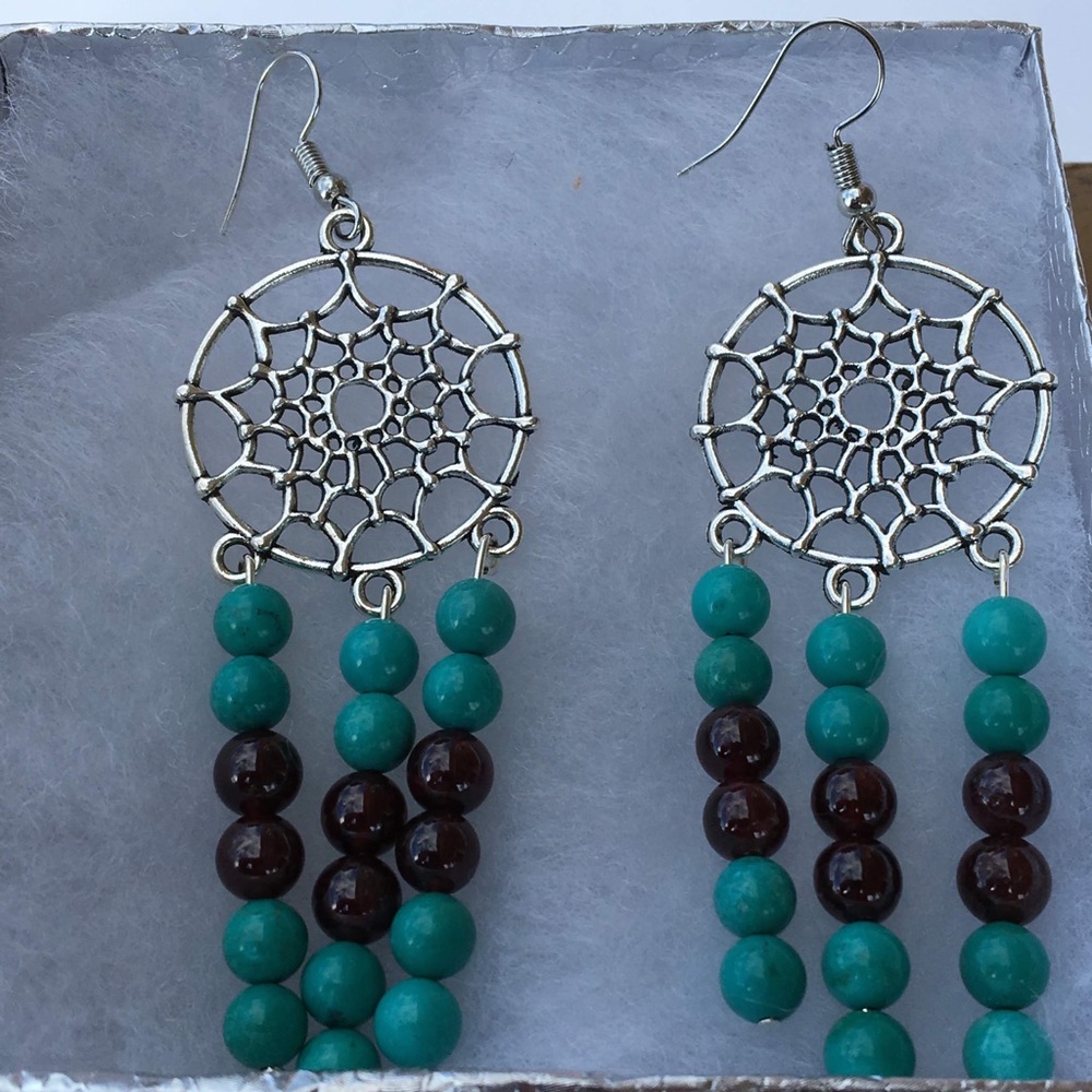 Turquoise Magnesite Garnet Dreamcatcher Earrings - Picture 3 of 8